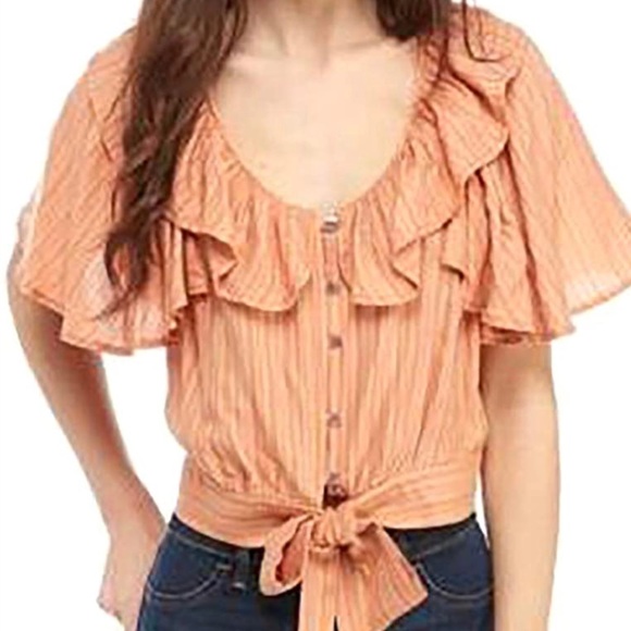 FREE PEOPLE The Ramona Top Blouse Ruffle Neckline Tie Waist Size XS - Picture 4 of 7